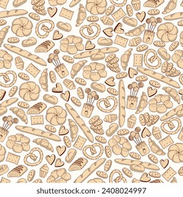 Hand drawn seamless vector pattern with bread and bakery products. Pastry background doodle style