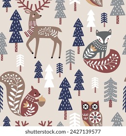 Hand drawn seamless vector pattern with cute Scandinavian woodland animals and pine tree forest. Perfect for textile, wallpaper or print design.