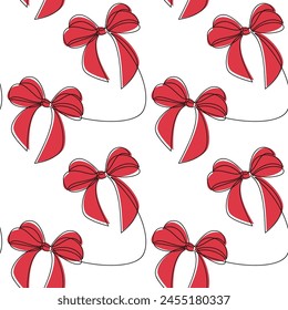 Hand drawn seamless vector pattern. Ribbon bow outline backdrop. Line continuous drawing. Festive hand drawn illustration, holiday background. Wallpaper, fabric, wrapping paper, packaging print