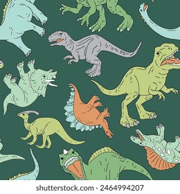 Hand drawn seamless vector pattern with dinosaurs. Perfect for fabric, wallpaper, wrapping paper or nursery decor.