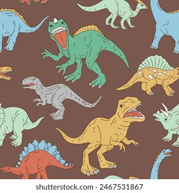 Hand drawn seamless vector pattern with dinosaurs. Perfect for fabric, wallpaper, wrapping paper or nursery decor.