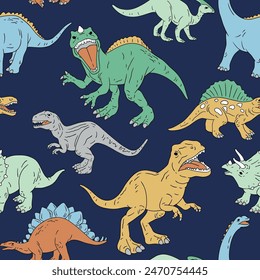 Hand drawn seamless vector pattern with dinosaurs. Perfect for fabric, wallpaper, wrapping paper or nursery decor.