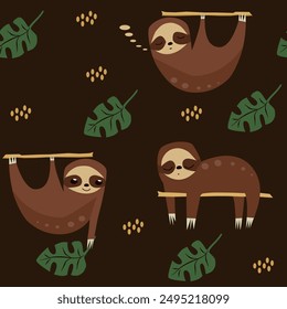 Hand drawn seamless vector pattern with cute sloths and tropical palm leaves. For wallpaper, textile or print design.