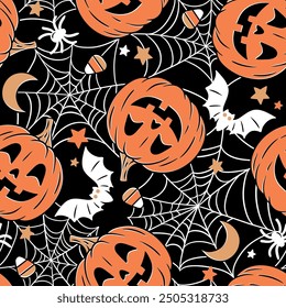 Hand drawn seamless vector pattern with vintage Halloween pumpkin, bat, spider, spider web, moon and stars. Perfect for textile, wallpaper or print design.