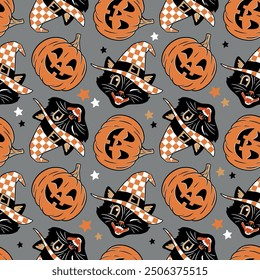 Hand drawn seamless vector pattern with vintage Halloween black cat and pumpkin. Perfect for textile, wallpaper or print design.