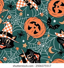 Hand drawn seamless vector pattern with vintage Halloween black cat, pumpkin, bat, spider, spider web, moon and stars. Perfect for textile, wallpaper or print design.