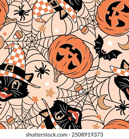 Hand drawn seamless vector pattern with vintage Halloween black cat, pumpkin, bat, spider, spider web, moon and stars. Perfect for textile, wallpaper or print design.