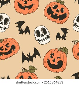 Padrão de vetor sem costura desenhado à mão com abóbora, morcego e crânio de Halloween vintage. Perfeito para design têxtil, papel de parede ou impressão.