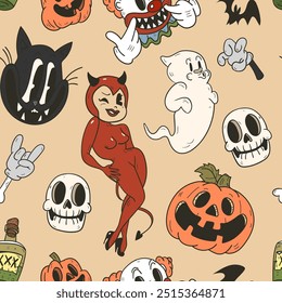 Hand drawn seamless vector pattern with vintage Halloween black cat, pumpkin, bat, spider, devil girl, skeletons and poison bottles. Perfect for textile, wallpaper or print design.