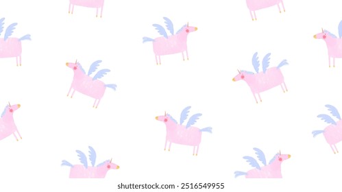 Hand Drawn Seamless Vector Pattern  with Unicorn on a White Background. Cute Pink Unicorn with Blue Wings. Funny Magic Horse from Fary Tale.  Nursery Repeatable Print Ideal for Fabric, Textile. RGB.