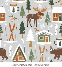 Hand drawn seamless vector pattern with forest animals and pine trees. Snowy winter woodland landscape with cute moose, bear and ski lodge. EPS 10 vector file. Perfect for textile, wallpaper, print. 