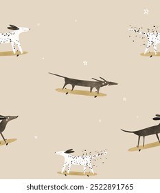 Hand Drawn Seamless Vector Pattern with Crazy Dogs Skateboarding. Cute Dachshund, Black Dog and Dalmatian on a Longboard. Pattern with Funny Dogs on a Beige Background Ideal for Wallpaper. RGB.