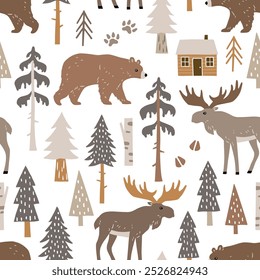 Hand drawn seamless vector pattern with forest animals and pine trees. Woodland landscape with moose, bear and woodhouse. EPS 10 vector file. Perfect for textile, wallpaper, print. 