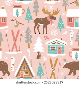 Hand drawn seamless vector pattern with forest animals and pine trees. Snowy winter woodland landscape with cute moose, bear and ski lodge. EPS 10 vector file. Perfect for textile, wallpaper, print. 