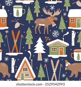 Hand drawn seamless vector pattern with forest animals and pine trees. Snowy winter woodland landscape with cute moose, bear and ski lodge. EPS 10 vector file. Perfect for textile, wallpaper, print. 