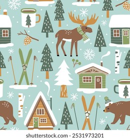 Hand drawn seamless vector pattern with forest animals and pine trees. Snowy winter woodland landscape with cute moose, bear and ski lodge. EPS 10 vector file. Perfect for textile, wallpaper, print. 