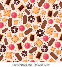 Hand drawn seamless vector pattern with cookies and biscuits. Bakery wallpaper. Background illustration with sweet snacks and crackers