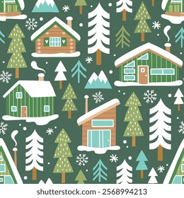 Hand drawn seamless vector pattern with winter lodge, ski equipment and pine trees. Snowy woodland landscape with cute ski cabin. EPS 10 vector file. Perfect for textile or wallpaper design.