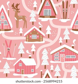 Hand drawn seamless vector pattern with winter lodge, deer, ski equipment and pine trees. Snowy woodland landscape with cute deer and ski cabin. EPS 10 vector file. Perfect for textile or wallpaper.