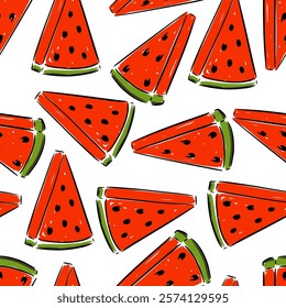 Hand drawn seamless vector pattern bright red watermelon slices on a white background vector illustration