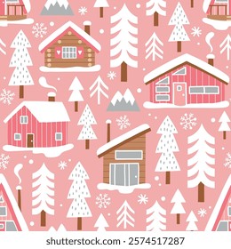 Hand drawn seamless vector pattern with winter lodge, ski equipment and pine trees. Snowy woodland landscape with cute ski cabin. EPS 10 vector file. Perfect for textile or wallpaper design.