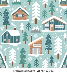 Hand drawn seamless vector pattern with winter lodge, ski equipment and pine trees. Snowy woodland landscape with cute ski cabin. EPS 10 vector file. Perfect for textile or wallpaper design.