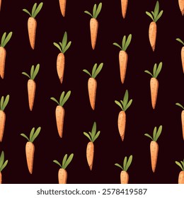 Hand drawn seamless vector pattern with carrots in flat style. Colourful cartoon background. Dark wallpaper with vegetables. Backdrop for children