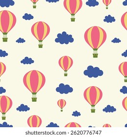 Hand drawn seamless vector pattern with colorful hot air balloons and clouds. Wallpaper with simple geometric shapes. Backdrop for children