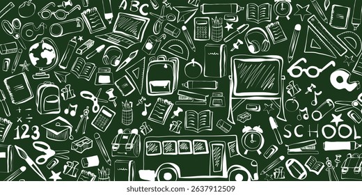 Hand drawn seamless vector pattern of school supplies on green background, school, office, stationery, school items
