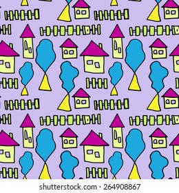 Hand drawn seamless vector pattern in cute style with house, fence and tree elements.