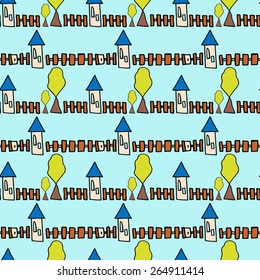 Hand drawn seamless vector pattern in cute style with house, fence and tree elements.