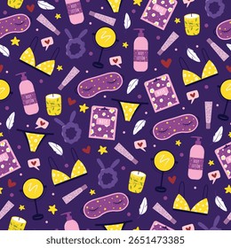 Hand drawn seamless vector pattern with self care things and items. Pajama party background. Cute girl routine wallpaper