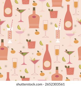 Padrão de vetor sem costura desenhado à mão com bebidas e coquetéis em estilo retro plano. Fundo simples em cores vintage pastel. Papel de parede com bebidas e bebidas alcoólicas