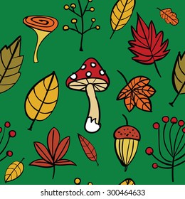 Hand drawn seamless vector pattern with autumn objects. Autumn leaves, berries, mushrooms, trees. Can be used as a background, wrapping paper, cover, wallpaper.