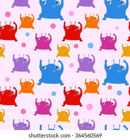 Hand drawn seamless vector pattern with cute colorful little monsters, running with their arms up, big eyes and open mouth