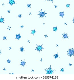 Hand drawn seamless vector pattern. Winter/ night sky/ stars/ snowflakes background. Sky blue.