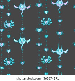 Hand drawn seamless vector pattern. Imaginary creatures and flying hearts background. Grey and sky blue.