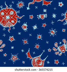 Hand drawn seamless vector pattern. Imaginary creatures, stars and flying hearts background. Blue, sky blue and red.