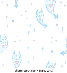 Hand drawn seamless vector pattern. Imaginary creatures and hearts background. White and light blue.