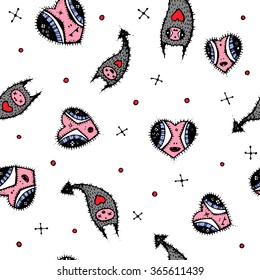 Hand drawn seamless vector pattern. Imaginary creatures and hearts background. White, black, red, grey and pink.