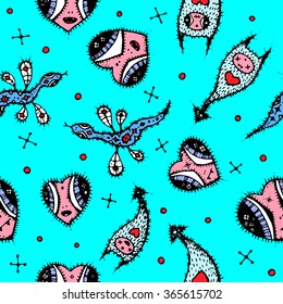 Hand drawn seamless vector pattern. Imaginary creatures, flying snakes and hearts background. Sky blue, black, blue, grey and pink.