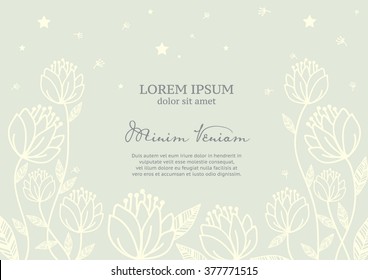 Hand drawn seamless vector pattern with label design/ Flora and leaves themed background/ Set of flowers can be used for beauty product packaging/ Vintage floral arrangement/ Vector flowers background