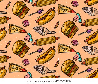 Hand drawn seamless vector pattern of fast food.Food illustration.Kitchen bakery pattern.Fast food box packing pattern design.