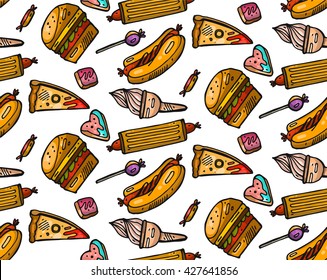 Hand drawn seamless vector pattern of fast food.Food illustration.Kitchen bakery pattern.Fast food box packing pattern design.Decorative elements for your packing design. Multicolor decor