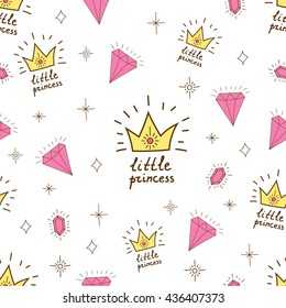 Hand drawn seamless vector pattern for little princess. Background for design, web site, textile, fabric, card and wrapping paper. Girl print.