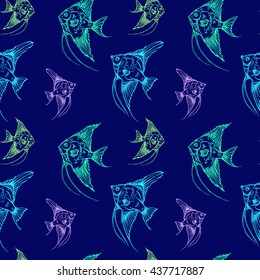 hand drawn seamless vector pattern with fish.  Endless dark background  with scalar, angelfish, Pterophyllum.