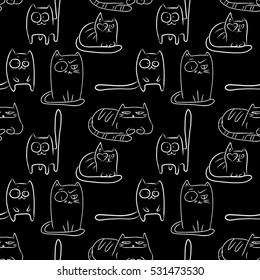 Hand drawn seamless vector pattern with sketches of funny cats. White outline drawing over black background.
