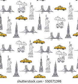 Hand drawn seamless vector pattern with symbols of New York City, statue of liberty, hot dog stand, Brooklyn bridge, Chrysler building, Empire State Building svg