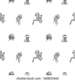 Hand drawn seamless vector pattern  with sea jellyfish - contour, line art style drawing. Could be used as print, wrapping paper, background and textile ornament, poster, coloring page.
