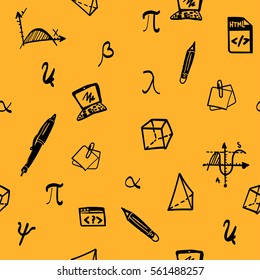 Hand drawn seamless vector pattern with education icons, figures, computer, diagram - contour, color, line art style drawing. Could be used as print, wrapping paper, background and textile ornament. 
